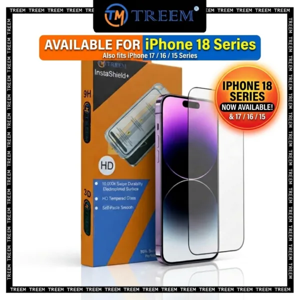 TREEM InstaShield+ iPhone 18 / 17 / 16 / 15 Series Tempered Glass Screen Protector (with Self-Paste installation Kit)
